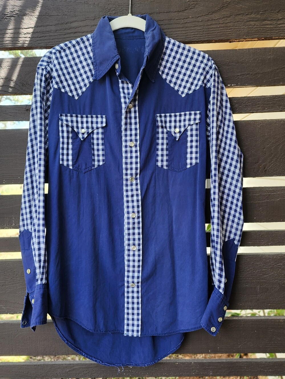 Vintage Blue Check Western Button Down Pearl Snap Gingham Long Sleeve Handamade